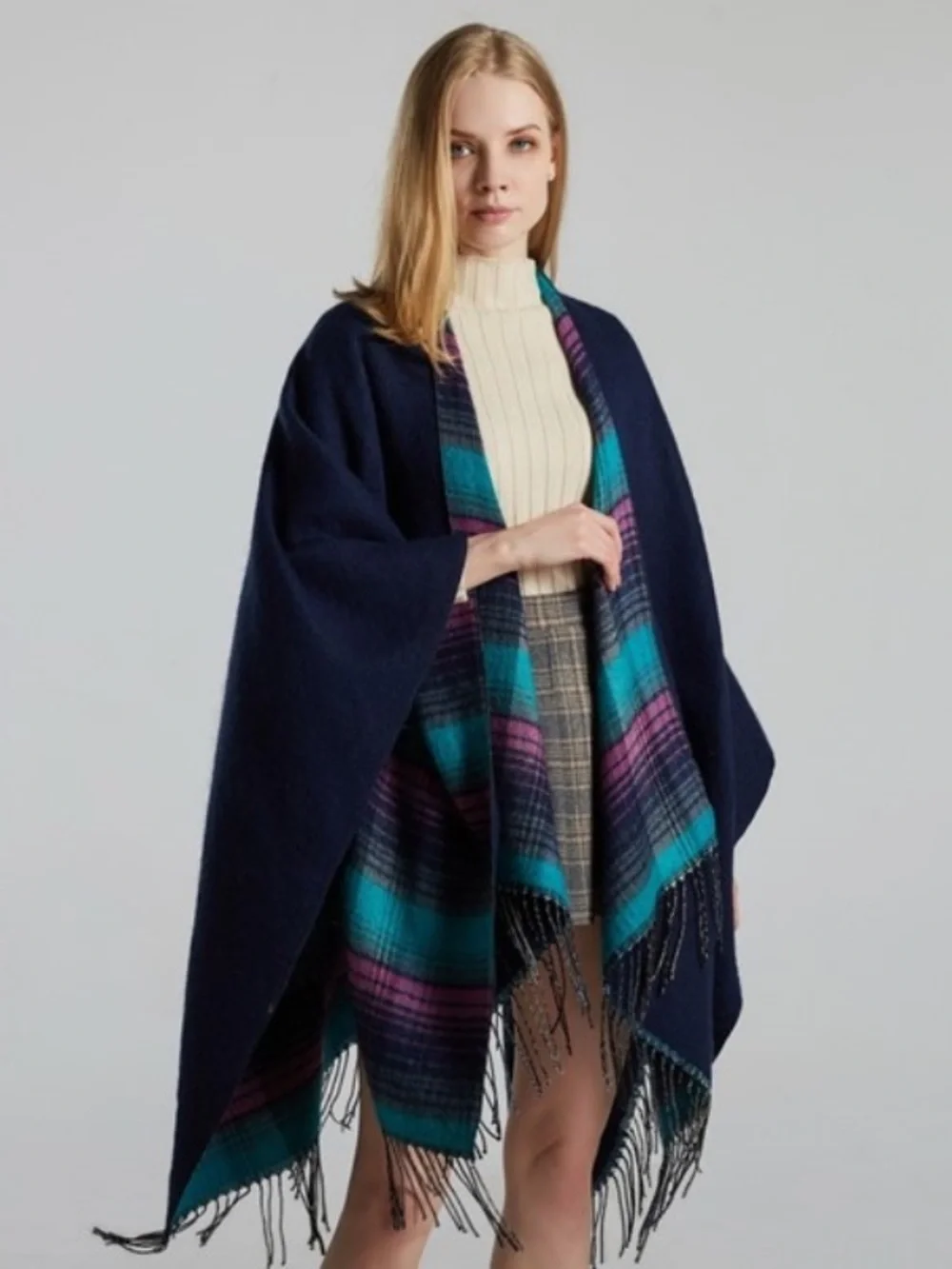 Reversible Plaid Turquoise & Purple Shawl